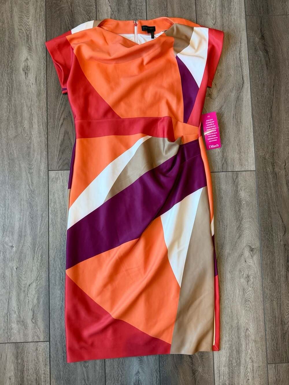 Donna Karan Sheath Dress Size 14 Multi Colorblock Midi Cocktail